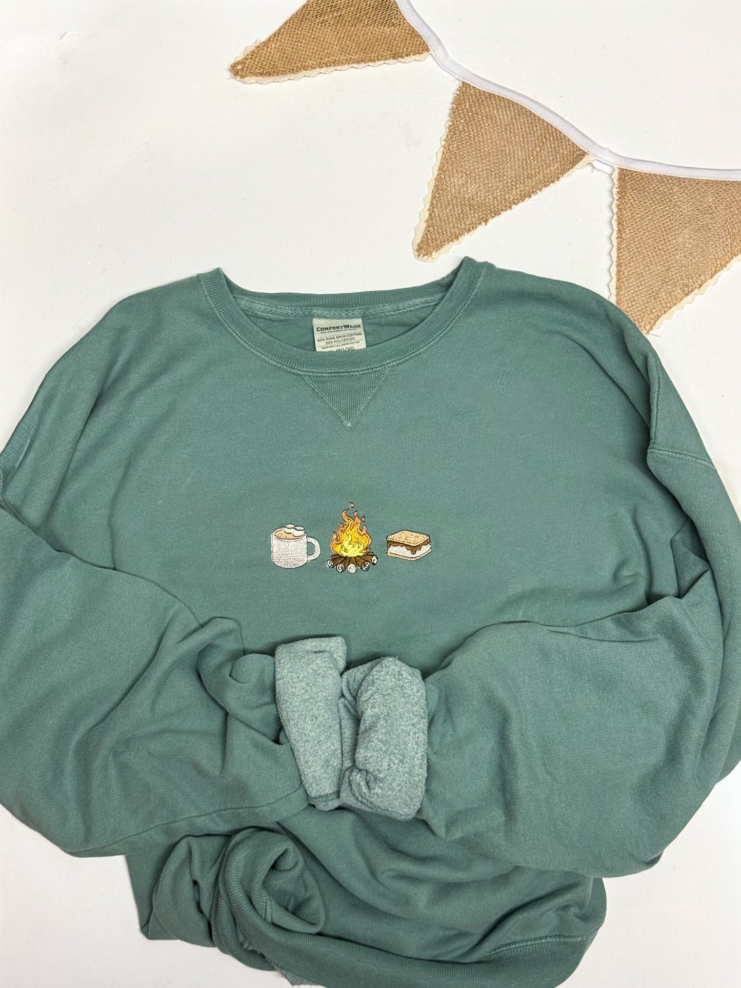 Campfire Crewneck Sweatshirt – Embroidered S’mores, Fire & Mug Design
