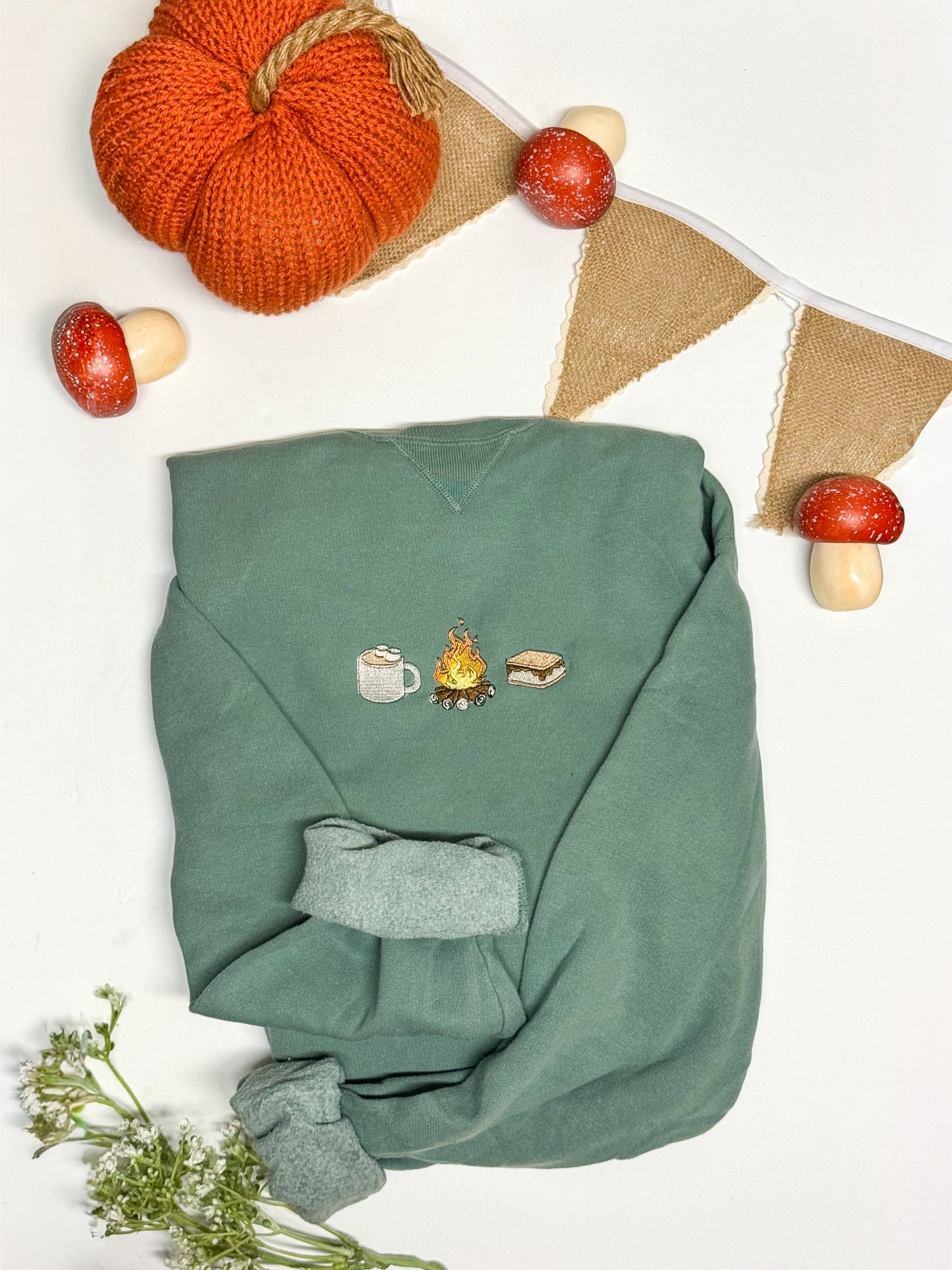 Campfire Crewneck Sweatshirt – Embroidered S’mores, Fire & Mug Design