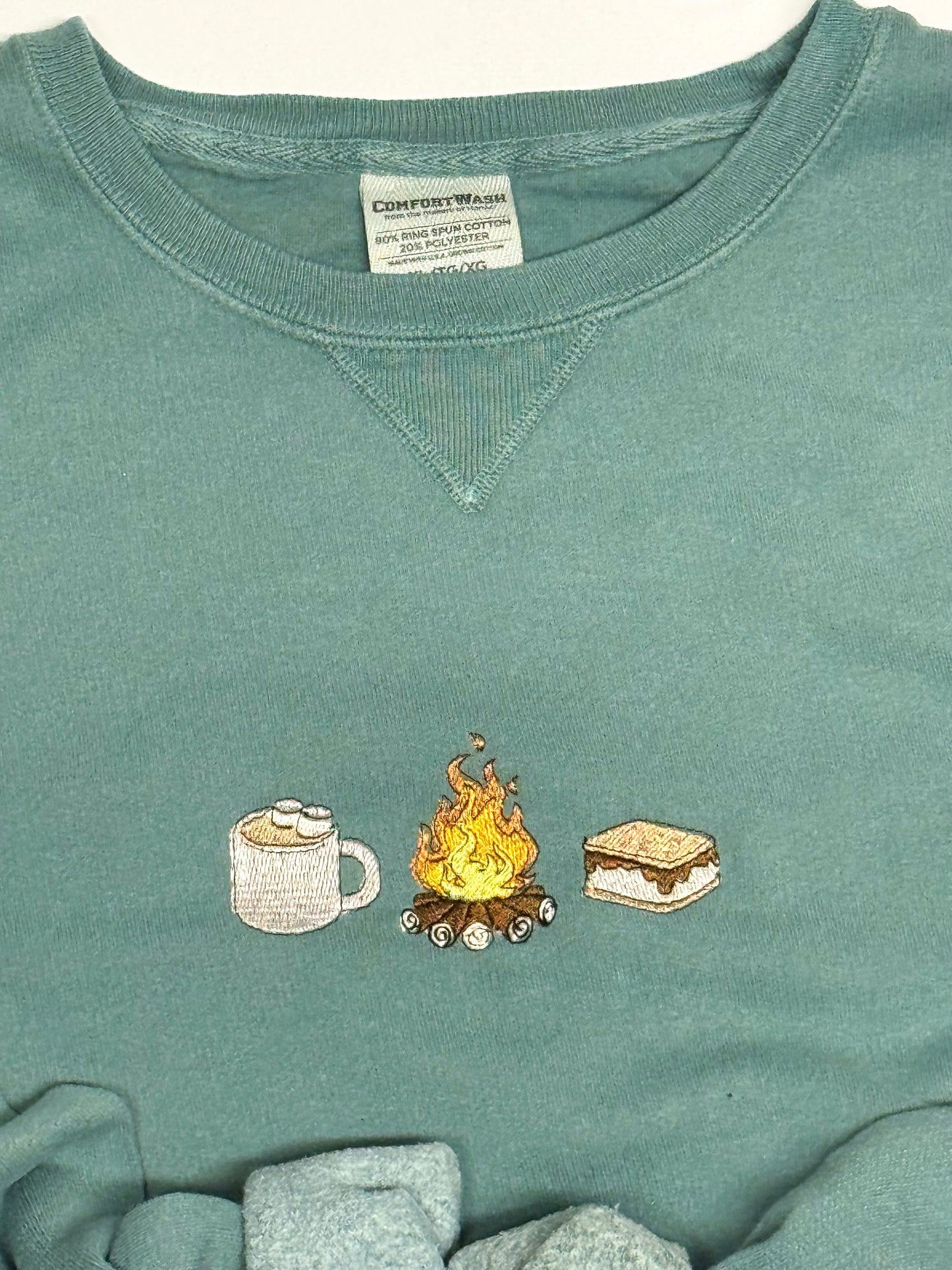 Campfire Crewneck Sweatshirt – Embroidered S’mores, Fire & Mug Design