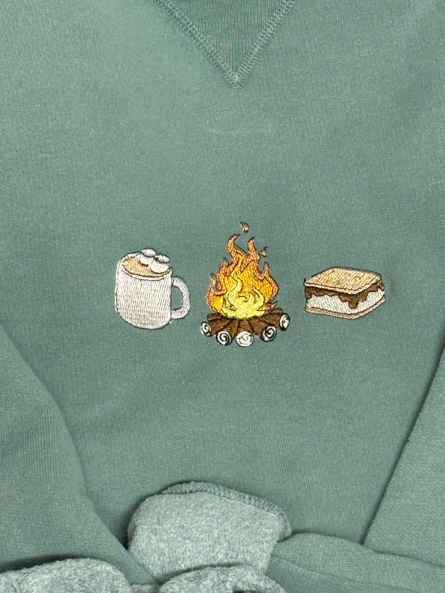 Campfire Crewneck Sweatshirt – Embroidered S’mores, Fire & Mug Design