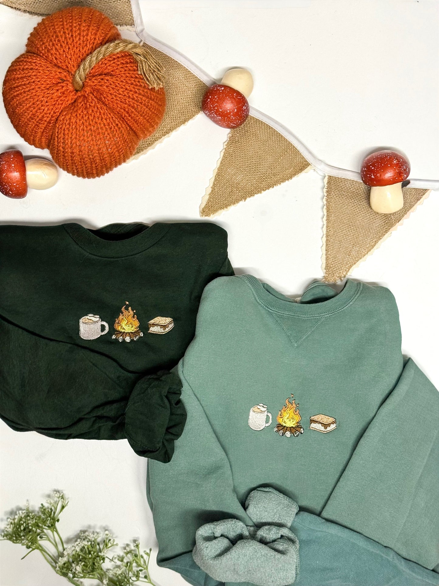 Campfire Crewneck Sweatshirt – Embroidered S’mores, Fire & Mug Design