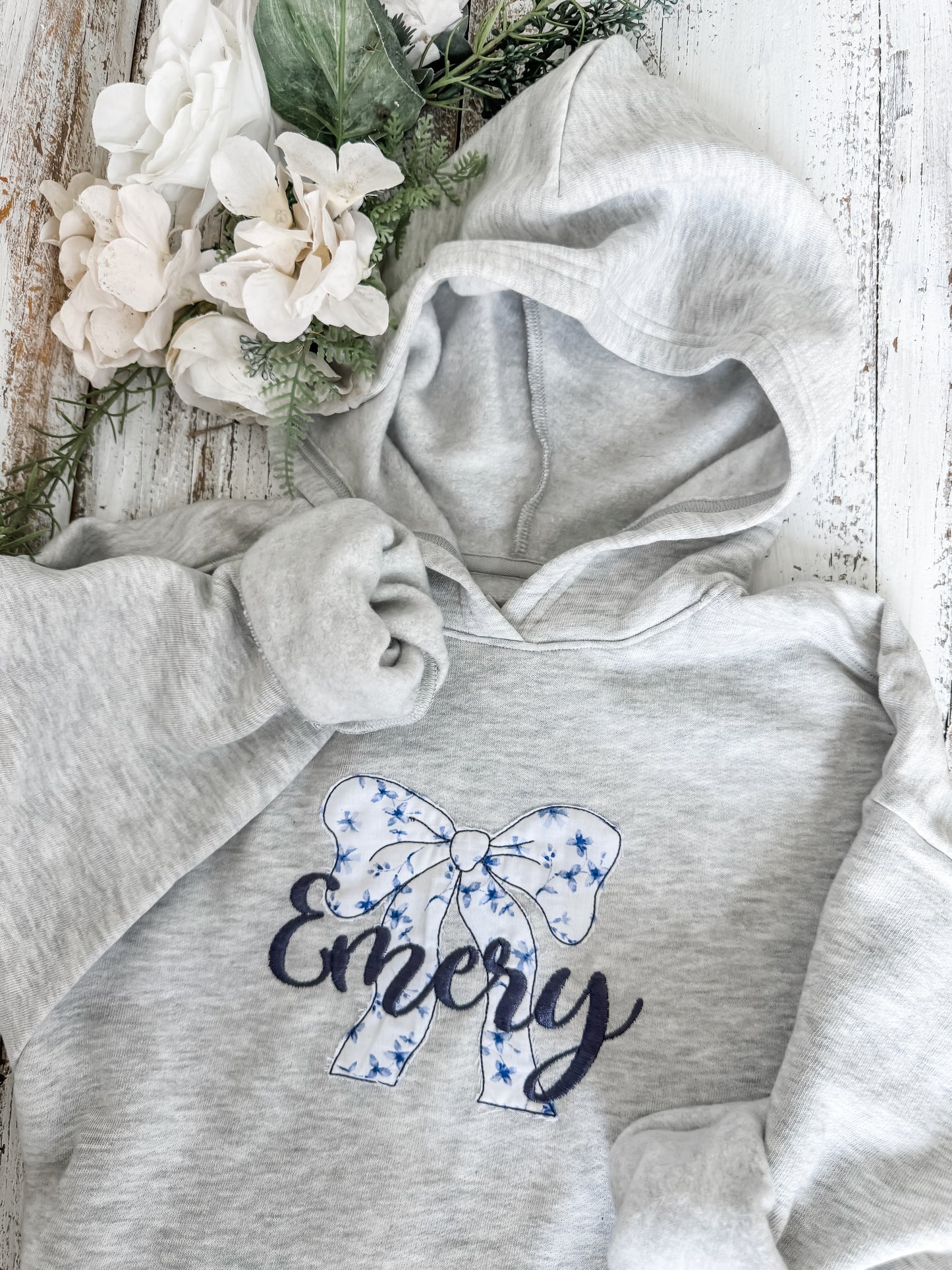 Personalized Raggy Bow Appliqué Sweatshirt – "Emery" Design