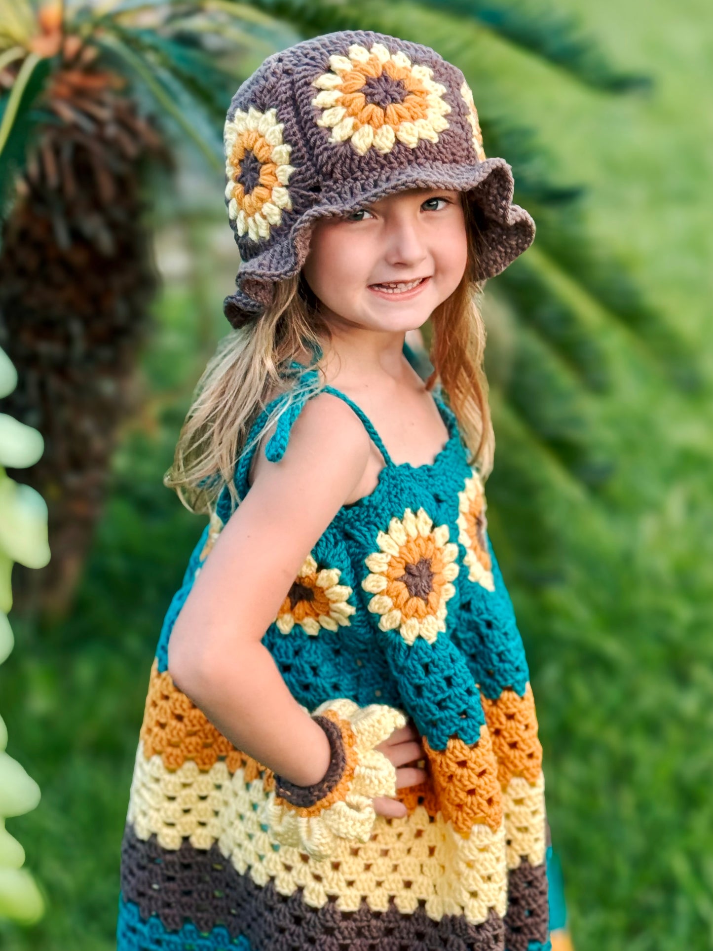 Crochet Sunflower Dress and Bucket Hat