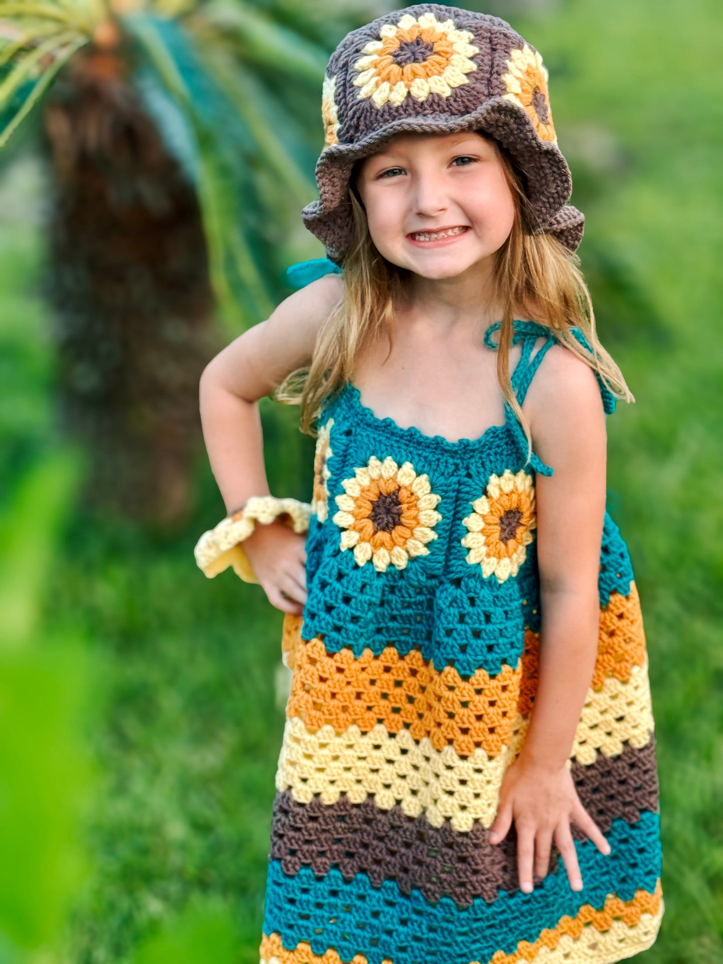 Crochet Sunflower Dress and Bucket Hat