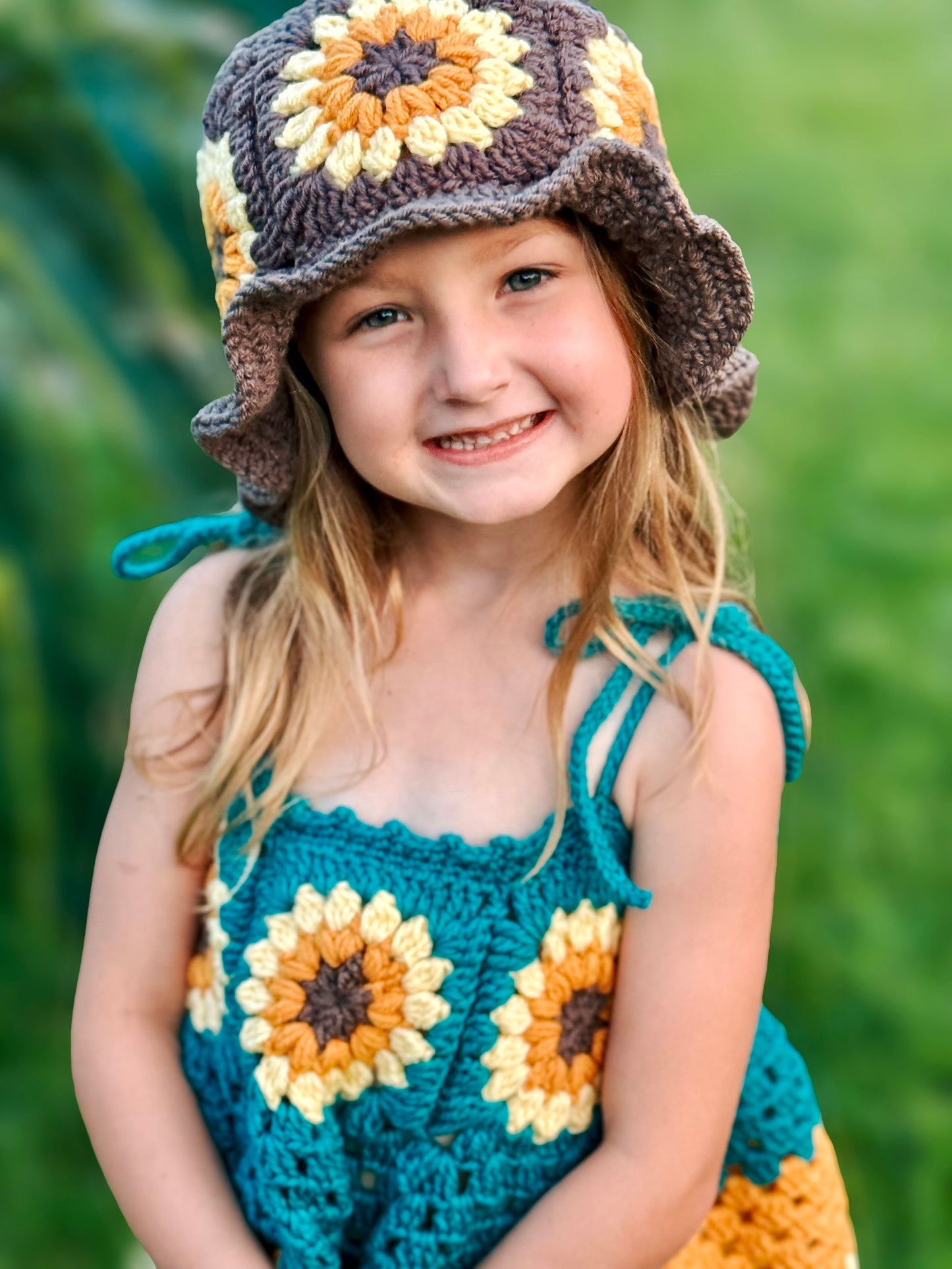 Crochet Sunflower Dress and Bucket Hat