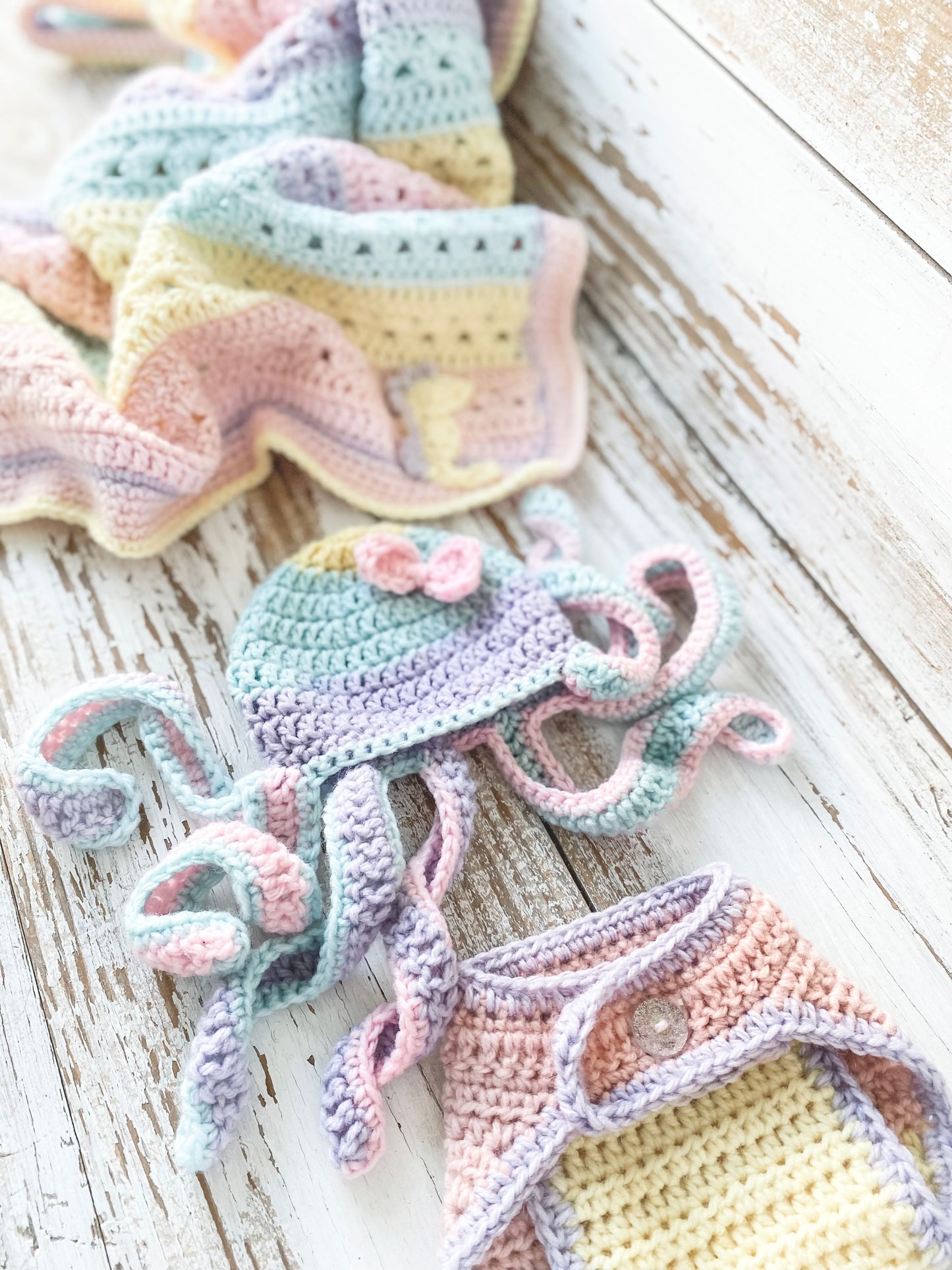 Crochet Baby Blanket, Hat, and Diaper Cover Set