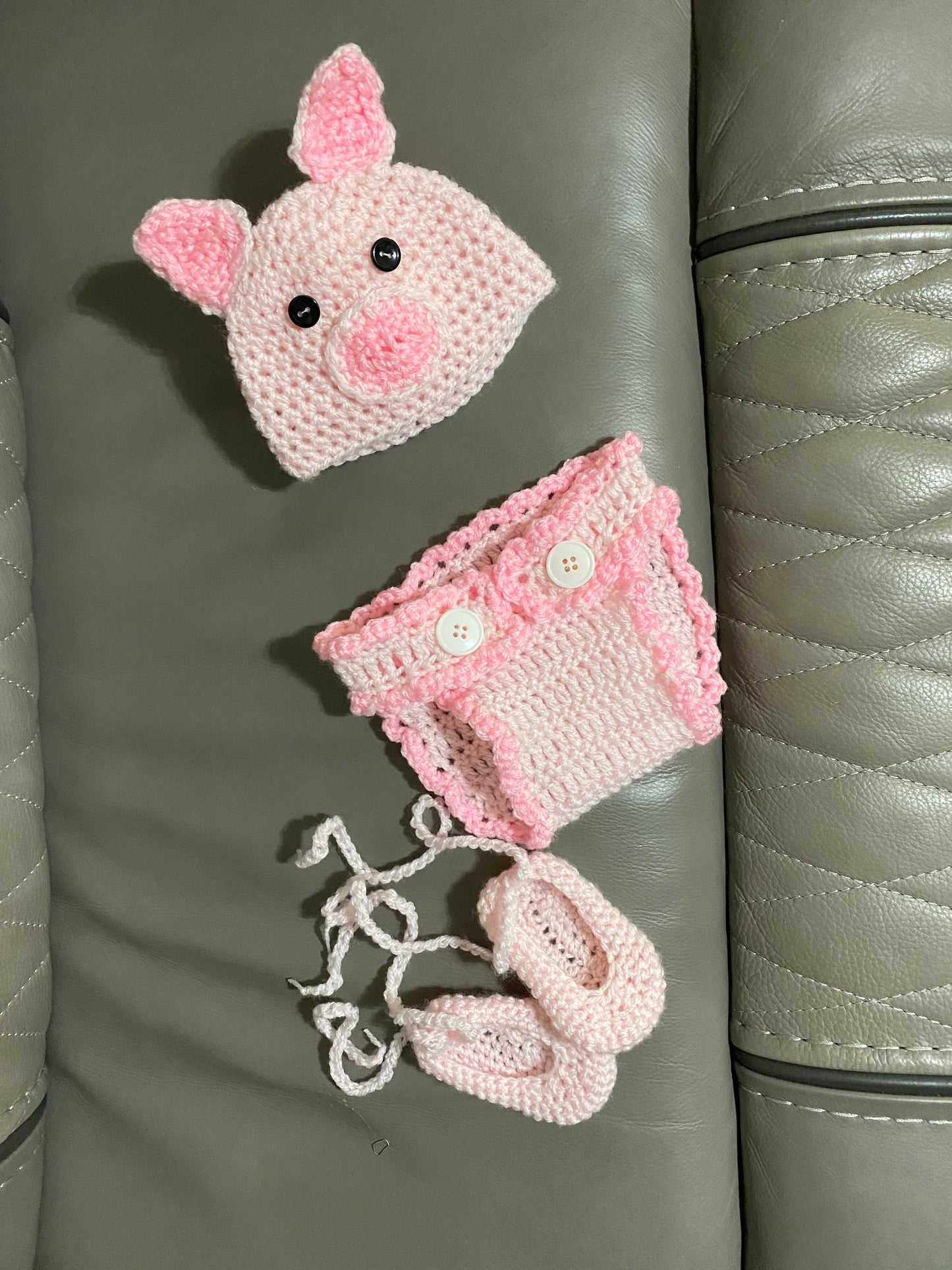 Crochet Baby Pig Hat, Diapers, and Booties Set
