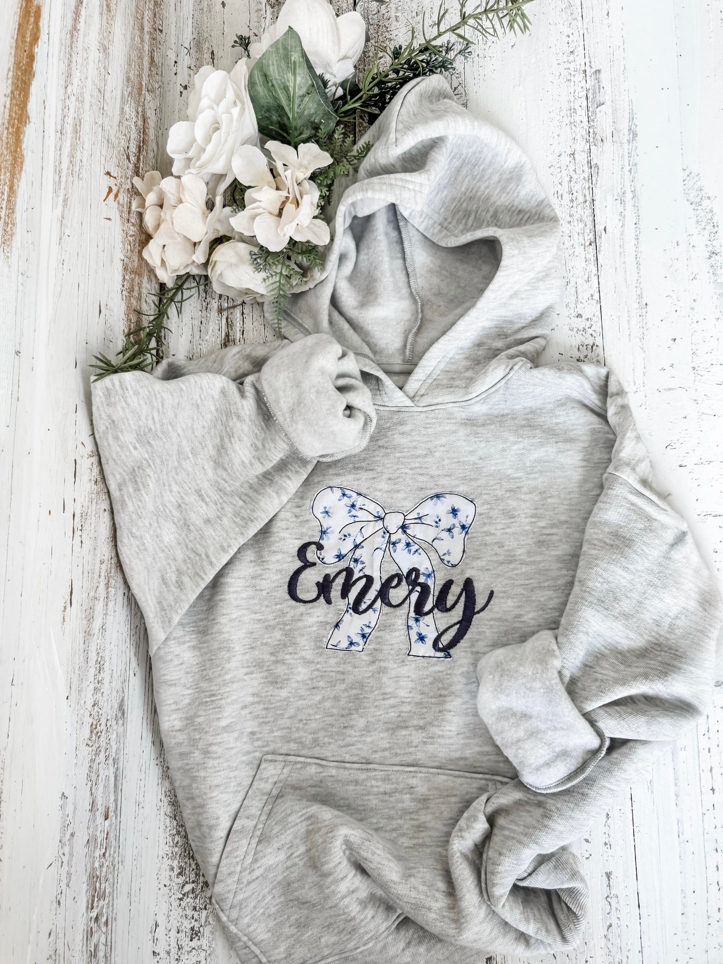 Personalized Raggy Bow Appliqué Sweatshirt – "Emery" Design
