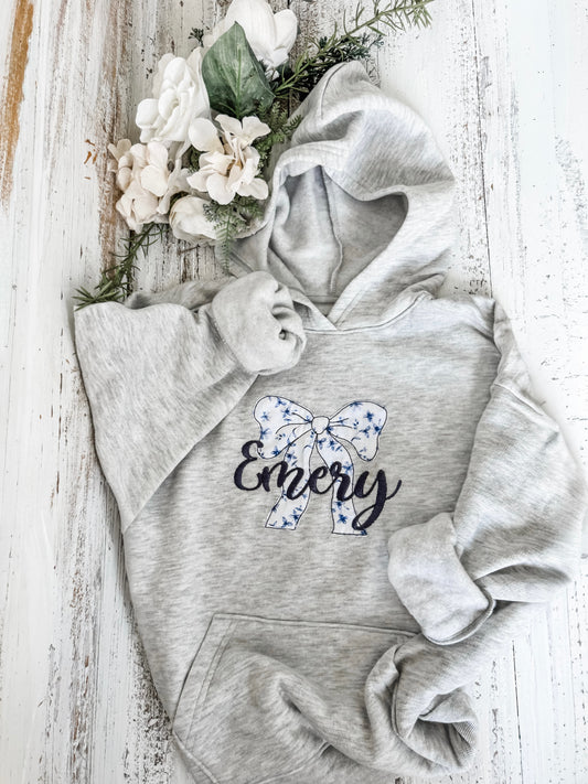 Personalized Raggy Bow Appliqué Sweatshirt – "Emery" Design