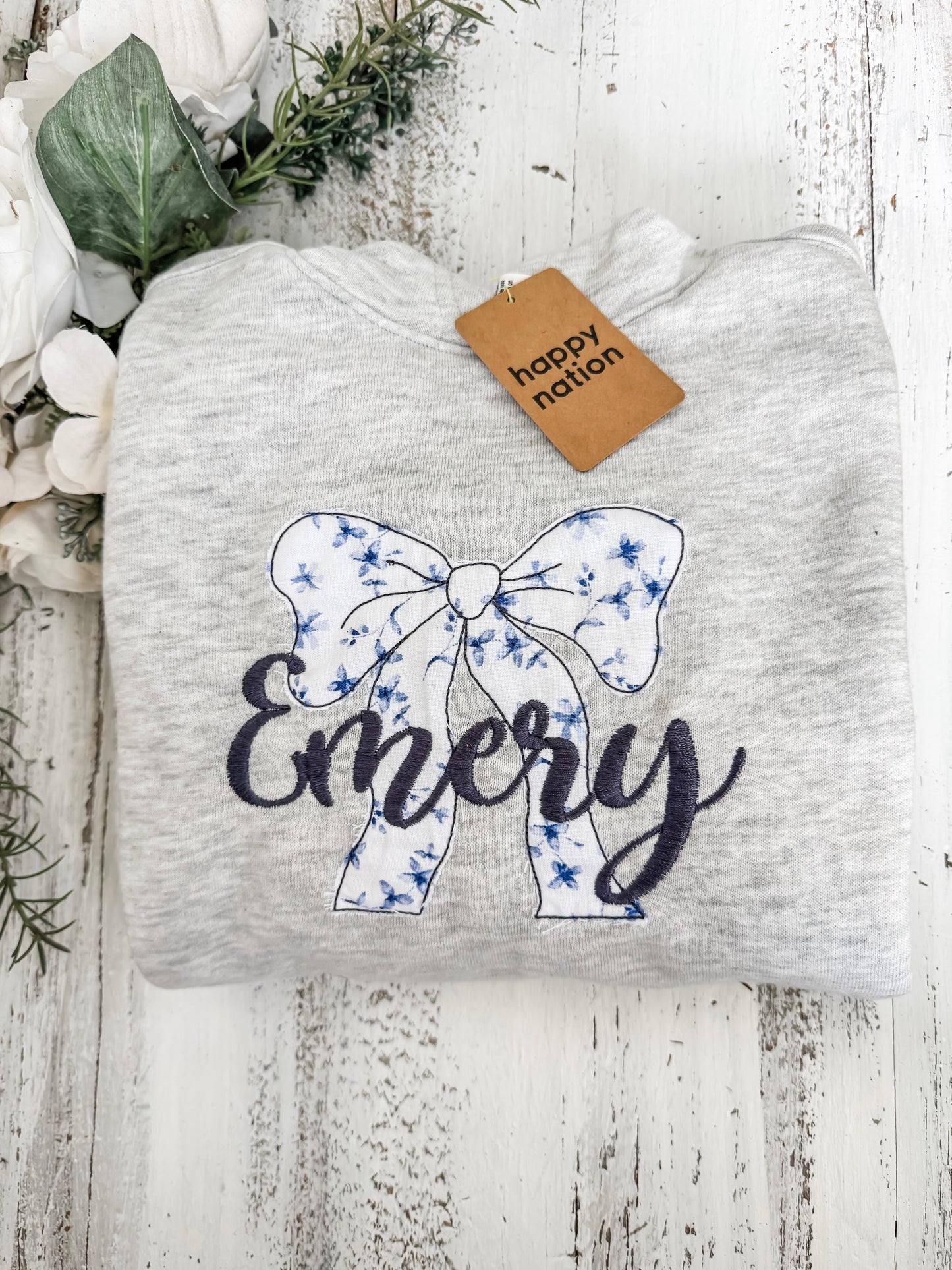 Personalized Raggy Bow Appliqué Sweatshirt – "Emery" Design