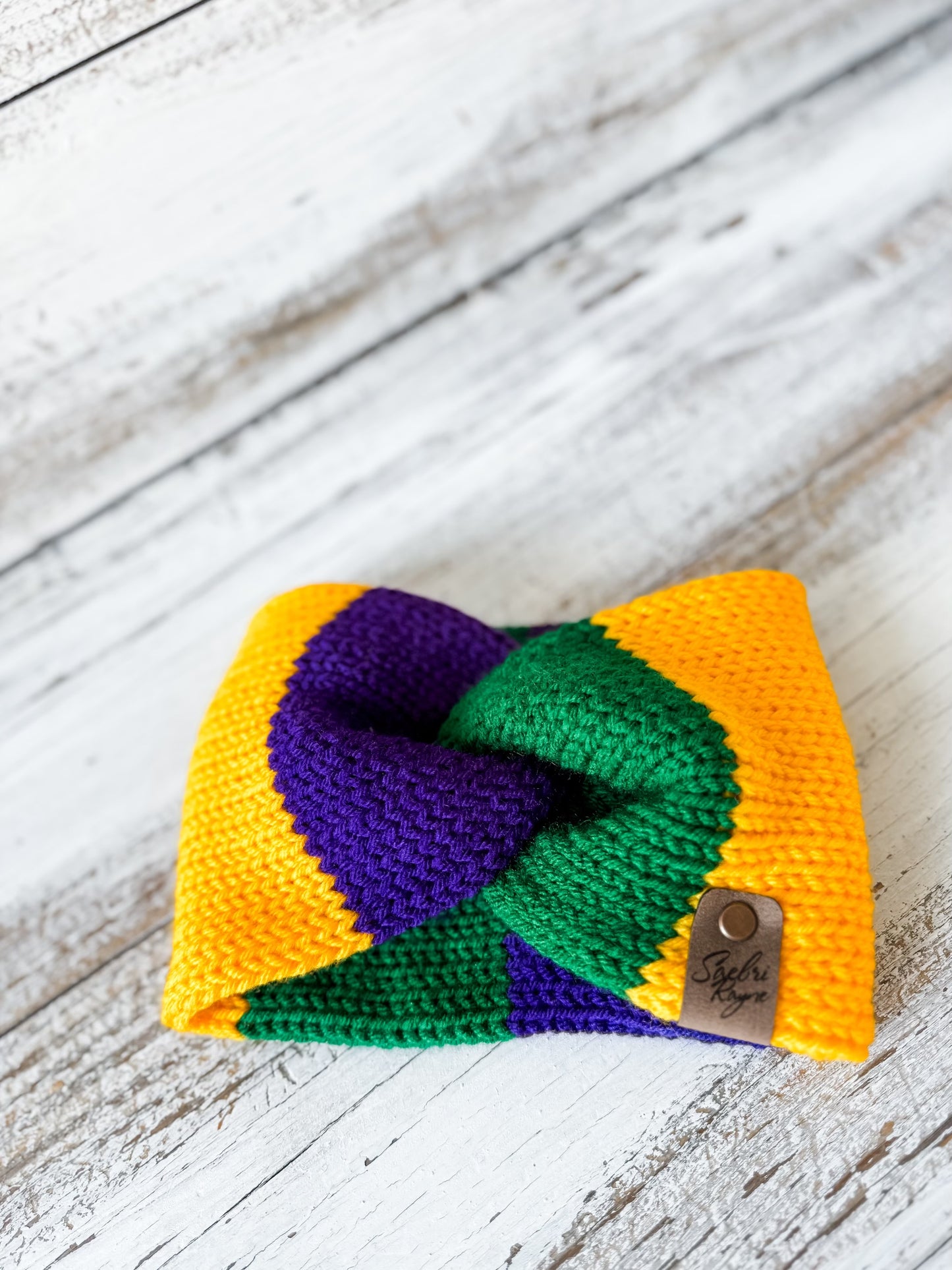 Knitted Cuffed Mardi Gras Hat and 2 Knitted Ear Warmers Bundle