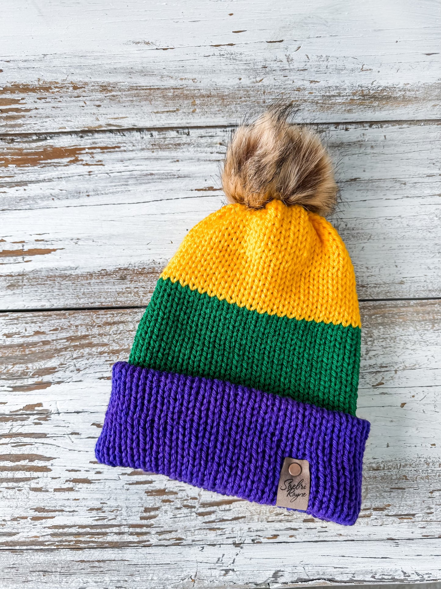 Knitted Mardi Gras Cuffed Beanie with PomPom