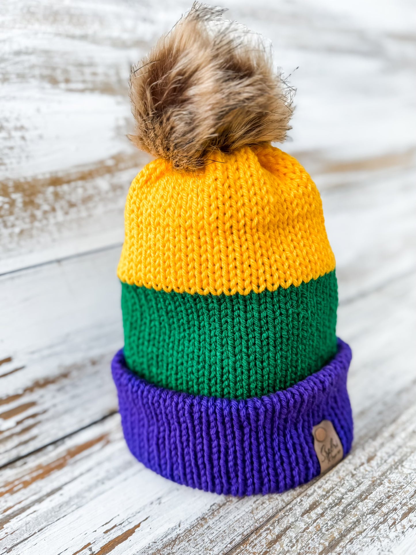 Knitted Mardi Gras Cuffed Beanie with PomPom