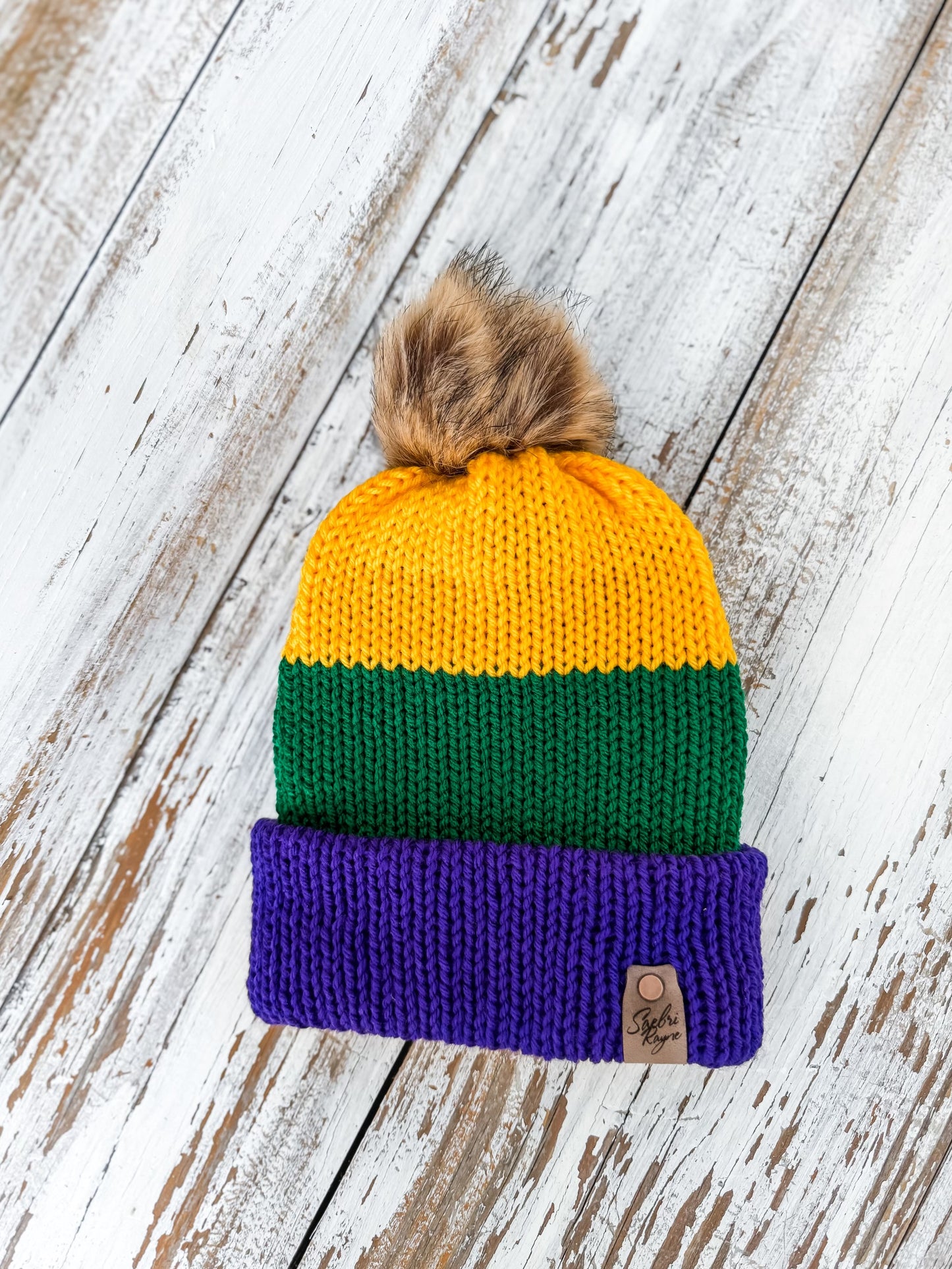 Knitted Mardi Gras Cuffed Beanie with PomPom