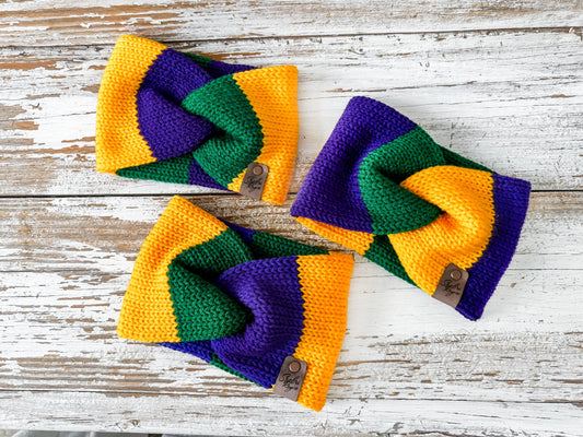 3 Pack of Knitted Mardi Gras Ear Warmers