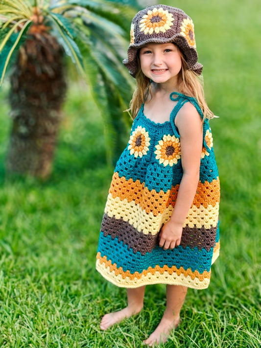 Crochet Sunflower Dress and Bucket Hat